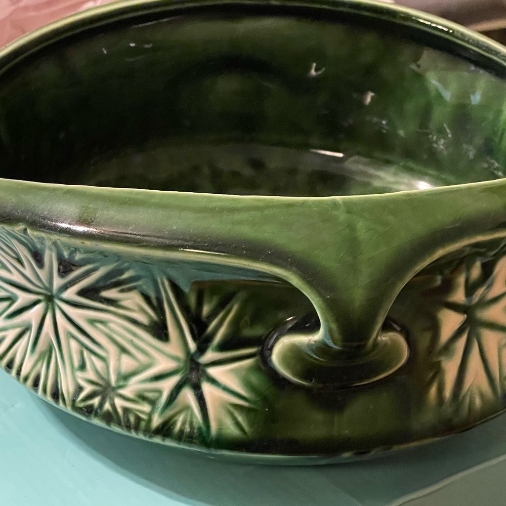 1968 starburst Green Ceramic Bowl with Star Patterns